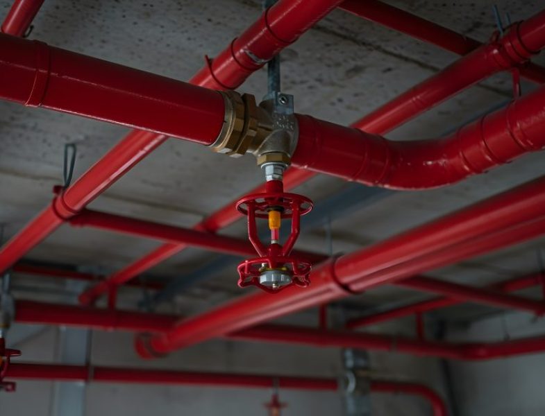 A network of bright red sprinkler pipes and sprinkler heads are installed on the ceiling, ensuring safety against potential fire hazards.