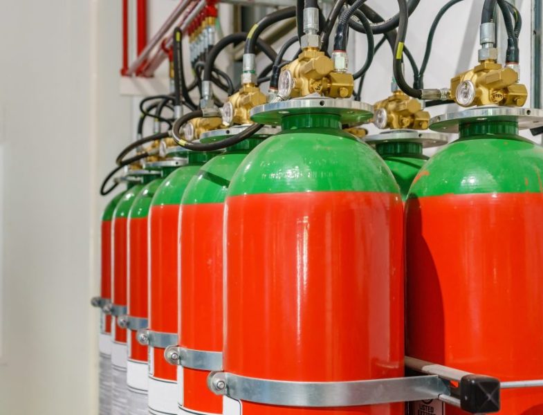 Hazard fire suppression system of a gas fire extinguishing. a closeup of the fire extinguishing system in an office building